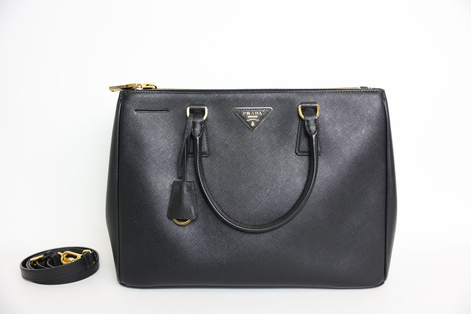Prada Double Zip Lux Tote Large, Black Saffiano Leather and Gold Hardware, Preowned in Dustbag WA001