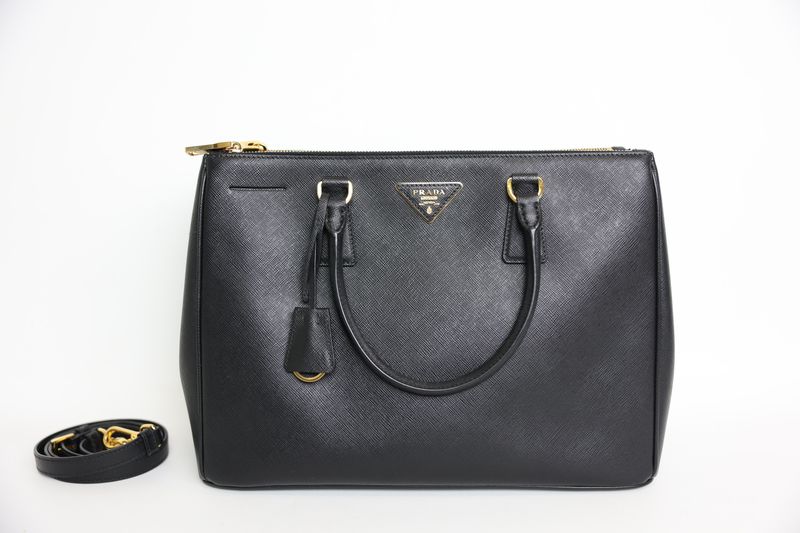 Prada Double Zip Lux Tote Large, Black Saffiano Leather and Gold Hardware, Preowned in Dustbag WA001