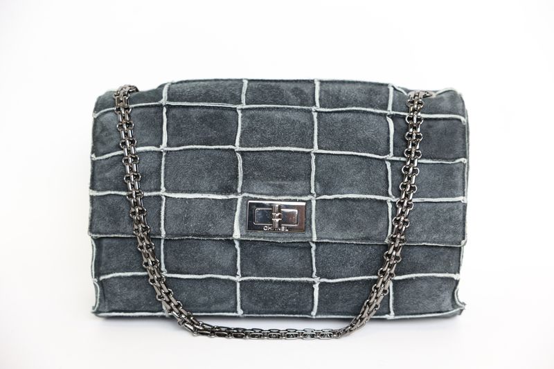 Chanel 2.55 Medium Choco Bar Handbag, Gray Quilted Suede and Ruthenium Hardware, Preowned in Dustbag WA001