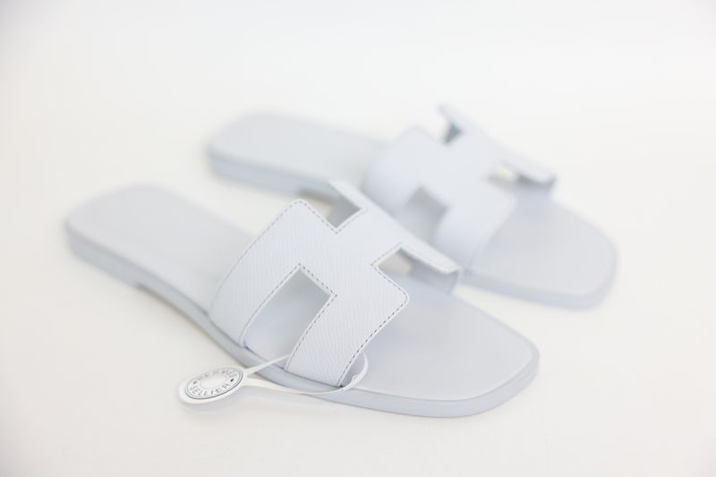 Hermes Oran Flat Sandals, Blue Bleu Glacier Epsom Calfskin, Size 36.5, New in Box WA001