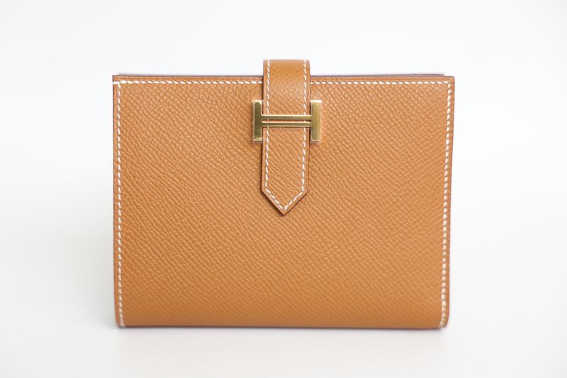 Hermes Bearn Compact Wallet, Gold Epsom Leather and Gold Hardware, Preowned in Box WA001