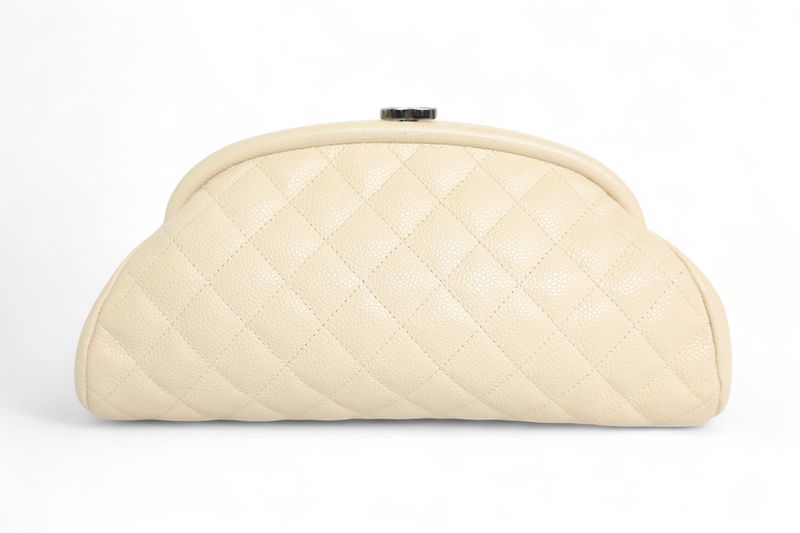 Chanel Timeless Clutch, Beige Quilted Caviar Leather and Silver Hardware, Preowned in Box WA001