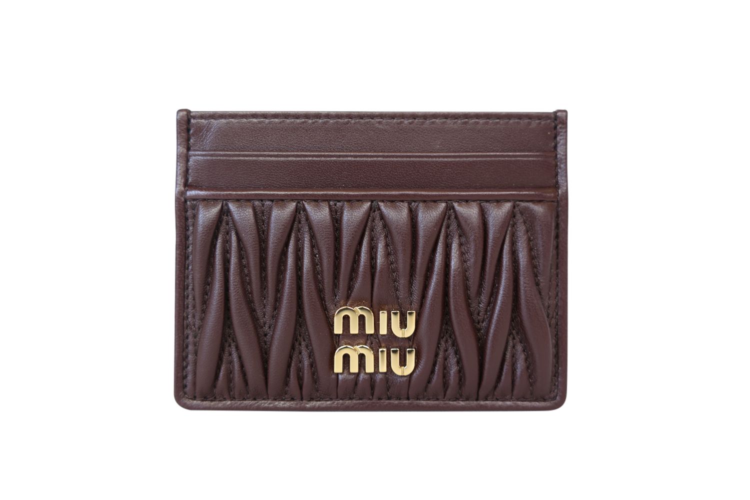 Miu Miu Credit Card Holder, Briarwood Dark Brown Color Quilted Leather with Gold Hardware, Preowned in Box WA001