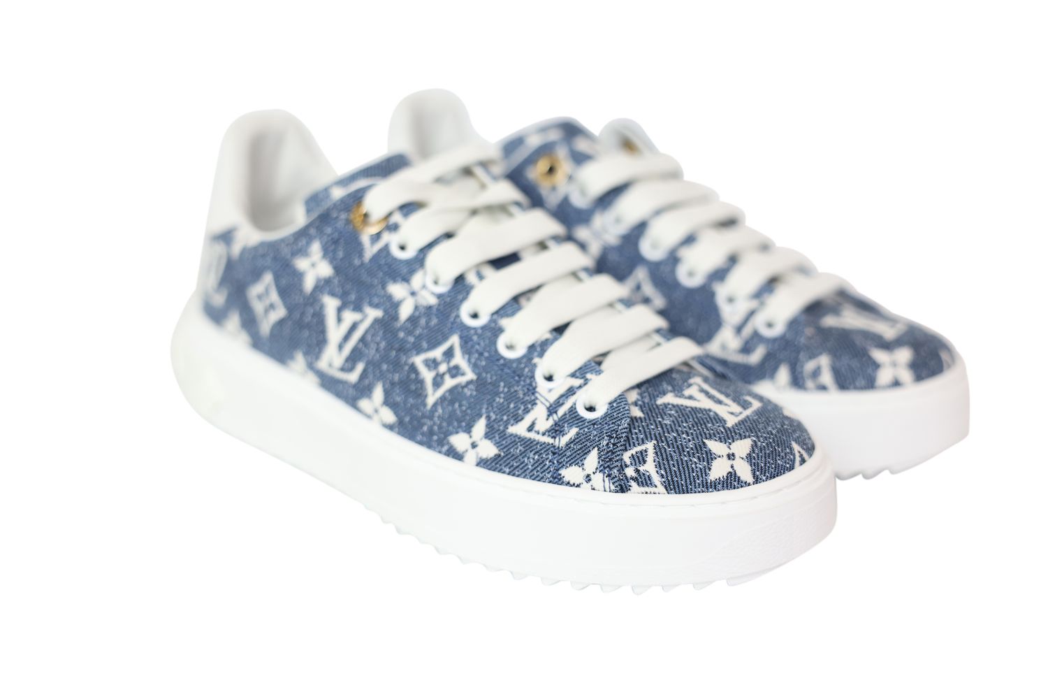 Louis Vuitton Shoes, Time Out Sneakers Size 38, Bleu Clair Light Blue Monogram Denim with Gold Hardware, New in Box WA001