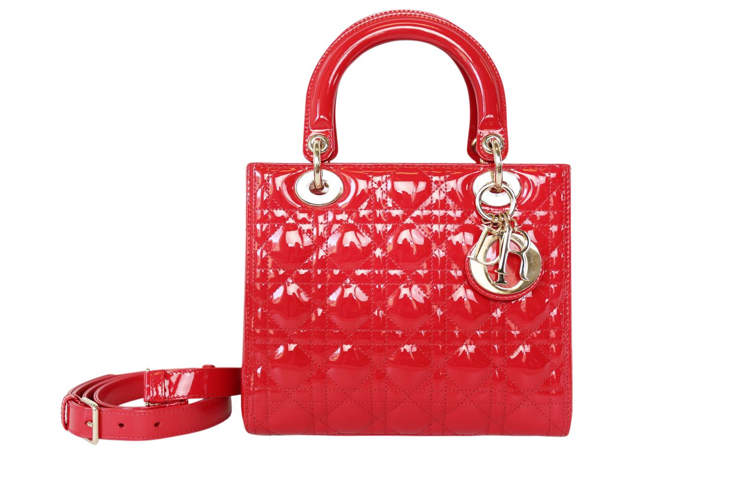 Dior Lady Dior Bag Medium, Red Patent Cannage Calfskin with Gold Hardware, Preowned in Dustbag WA001
