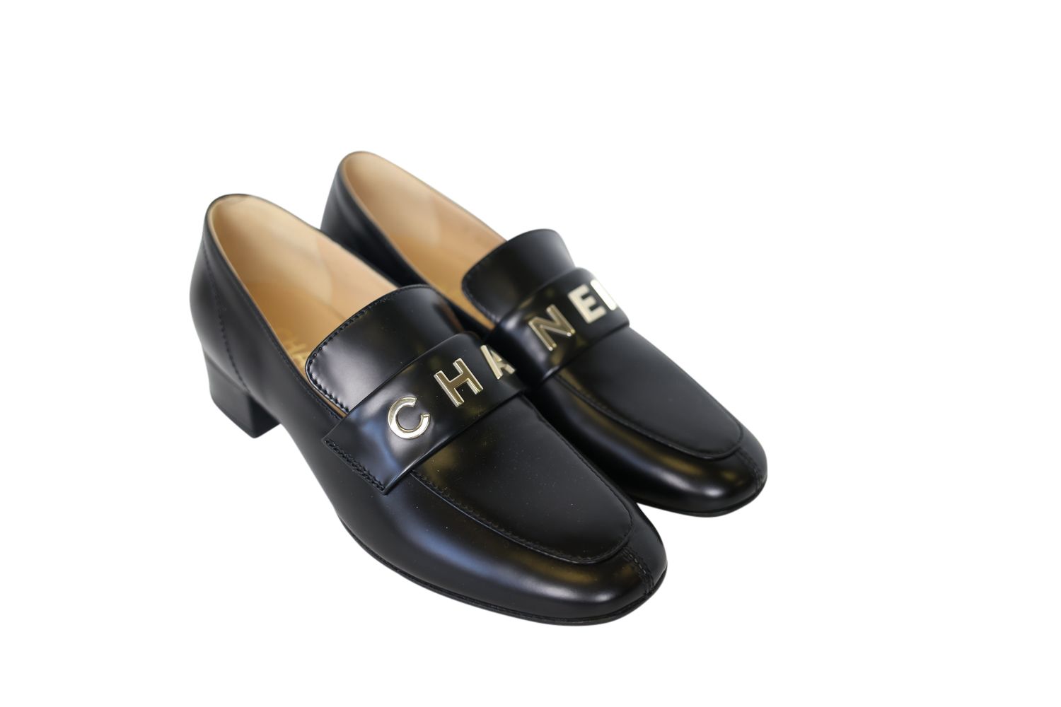Chanel Shoes Loafer Size 36.5, Black Leather with Gold Hardware, New in Box WA001