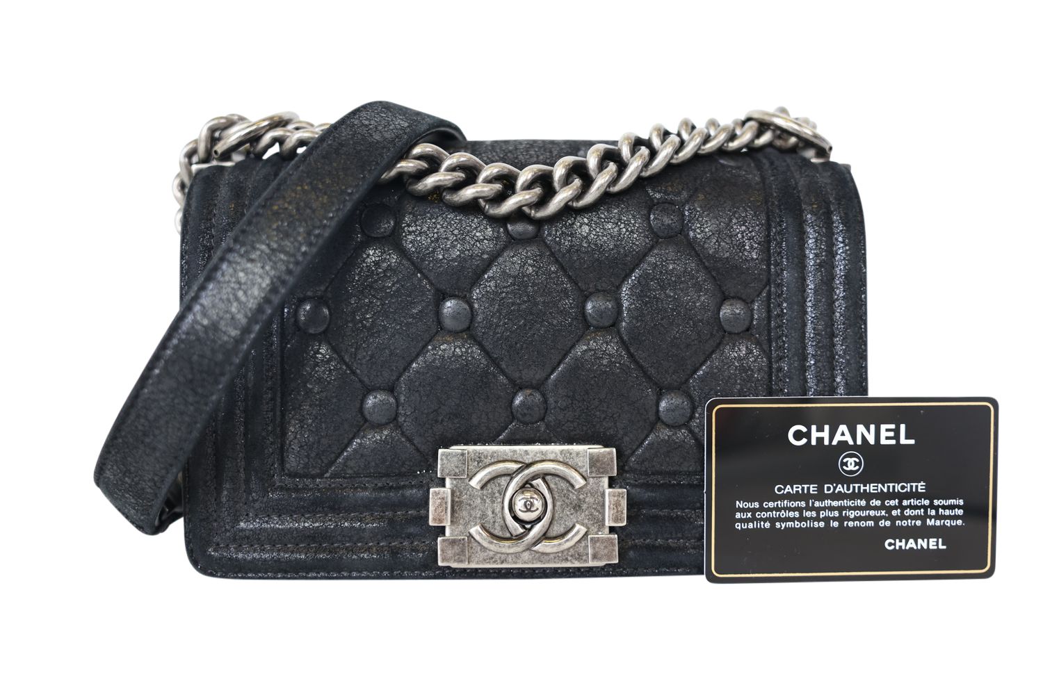 Chanel Boy Small, Black Chesterfield Goatskin with Ruthenium, Preowned in Box WA001