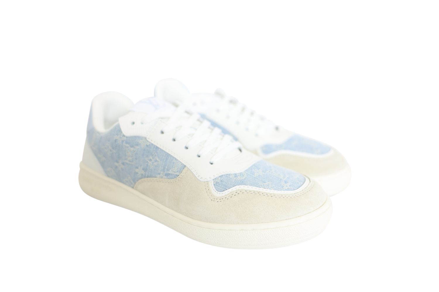 Louis Vuitton Stadium  Sneakers, Blue Stonewash Monogram Denim with White Leather and Calfskin Suede, Size 37, New in Box WA001