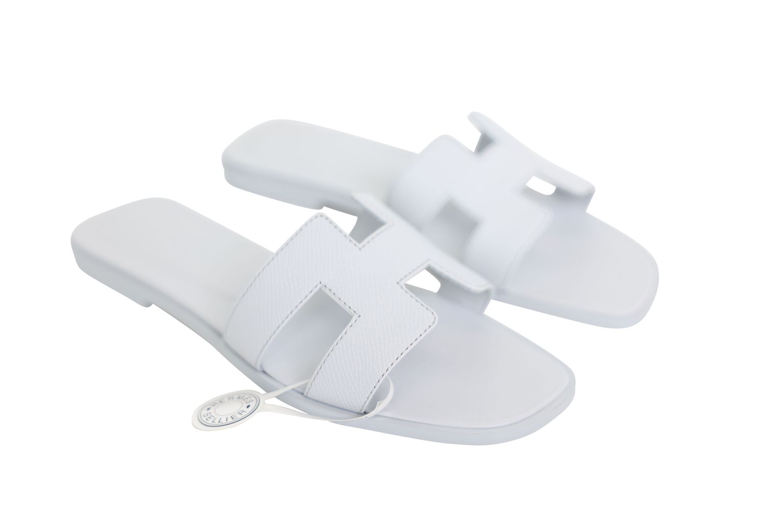 Hermes Oran Flat Sandals, Blue Bleu Glacier Epsom Calfskin, Size 36.5, New in Box WA001