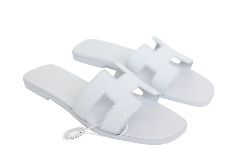 Hermes Oran Flat Sandals, Blue Bleu Glacier Epsom Calfskin, Size 36.5, New in Box WA001