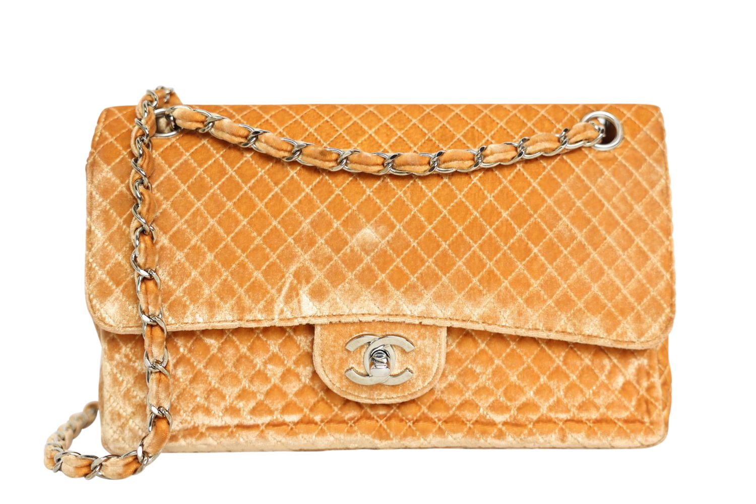 Chanel Classic Medium, Orange Quilted Velvet and Silver Hardware, Preowned in Dustbag WA001