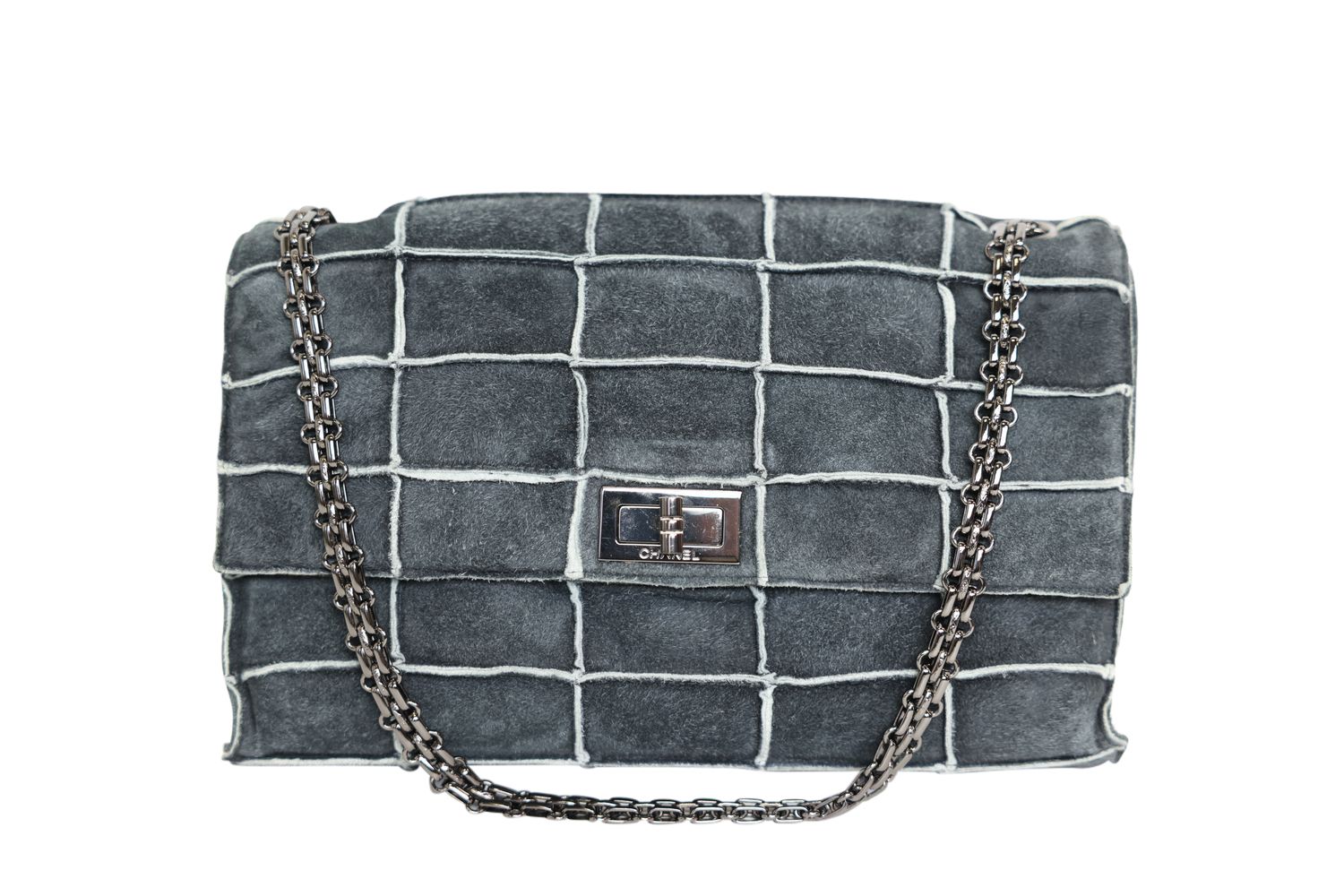 Chanel 2.55 Medium Choco Bar Handbag, Gray Quilted Suede and Ruthenium Hardware, Preowned in Dustbag WA001