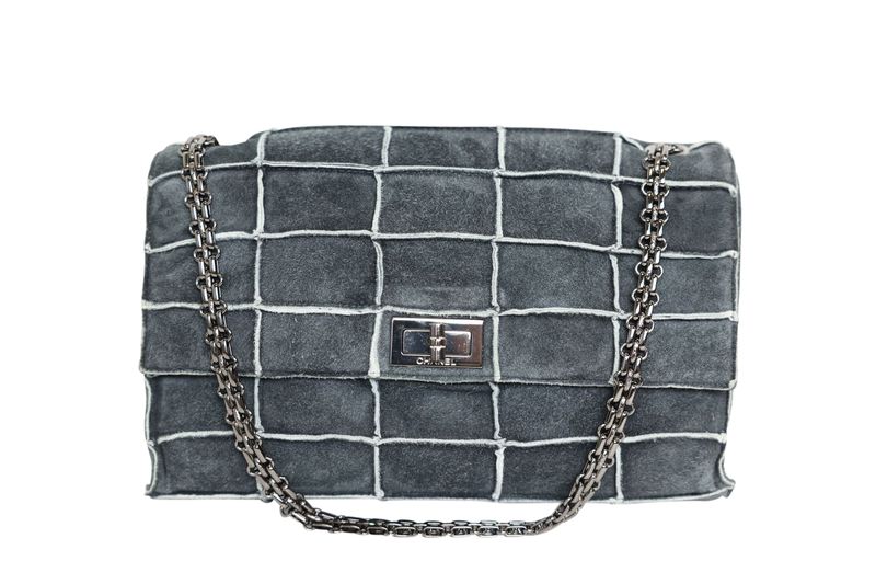 Chanel 2.55 Medium Choco Bar Handbag, Gray Quilted Suede and Ruthenium Hardware, Preowned in Dustbag WA001