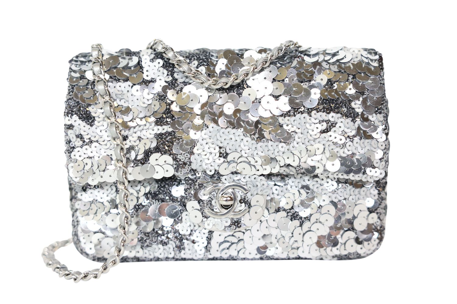Chanel Flap Bag, 25C Silver Sequins and Silver Hardware, New in Box WA001