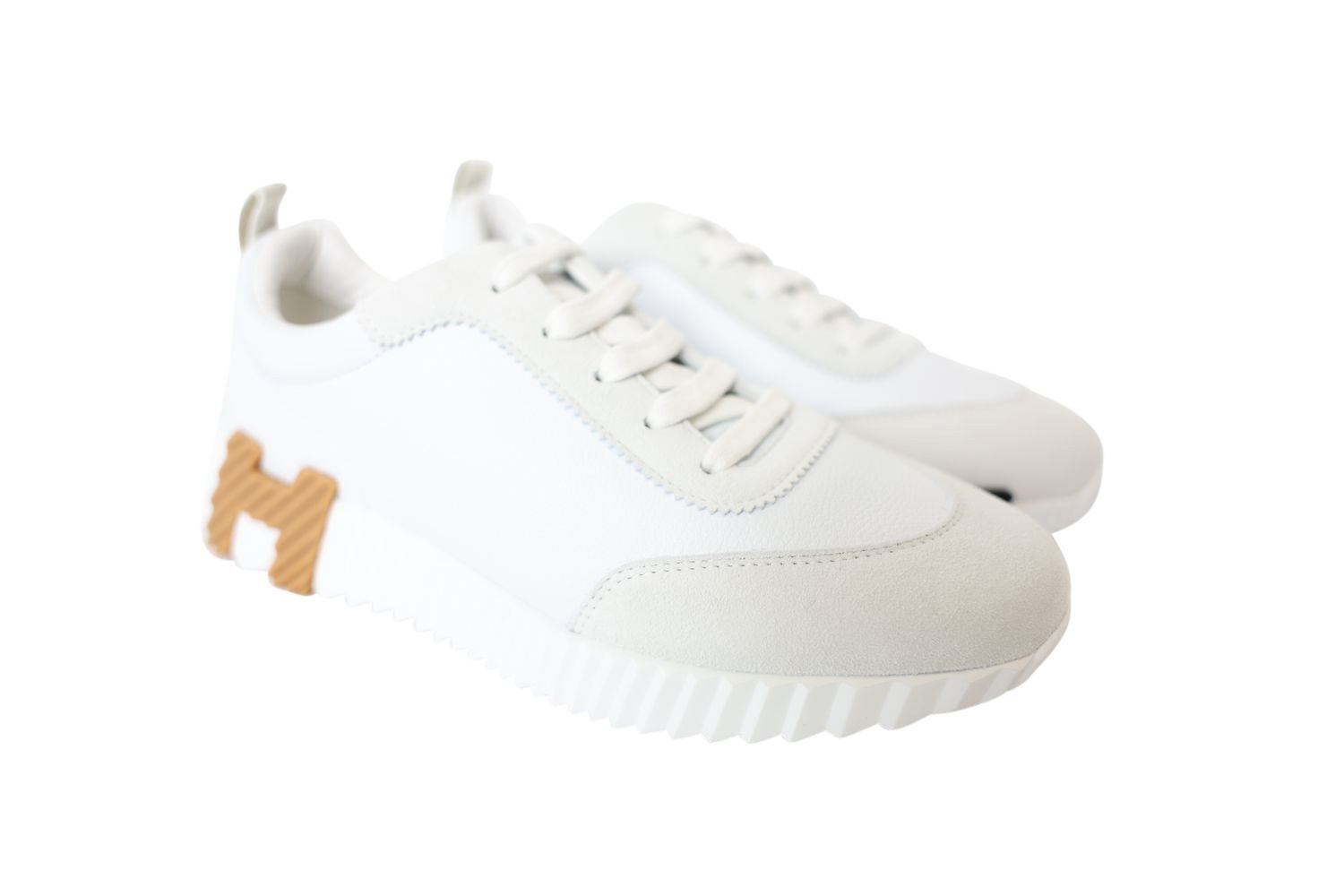 Hermes Shoes, Bouncing Sneakers Size 38, Blanc White Calfskin and Suede Goatskin, New in Box WA001