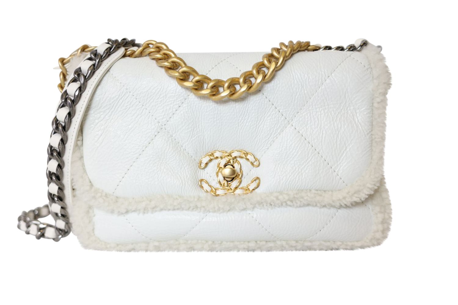 Chanel 19 Medium, 21B White Leather and Shearling with Mixed Hardware, Preowned in Box WA001