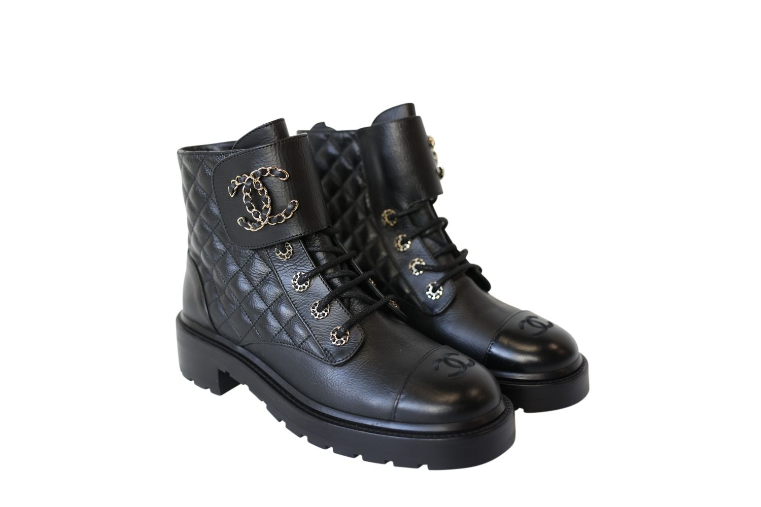 Chanel Shoes, Lace-Up Combat Boot Size 40, Black Goatskin and Calfskin with Gold Hardware, New in Box WA001