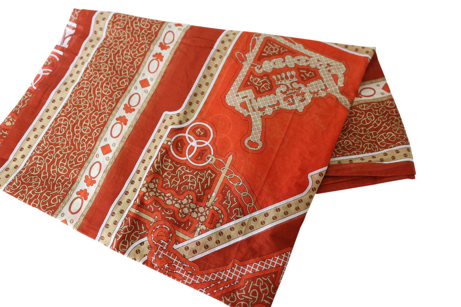 Hermes Mors et Gourmettes Maxi Pareo Scarf Shawl, Red, White and Beige Cotton Voile, New in Box WA001