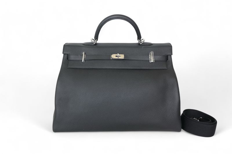 Hermes Kelly Relax 50, Noir Clemence Bull CalfSkin and Palladium Hardware, K 2025 Stamp, Preowned in Box WA001