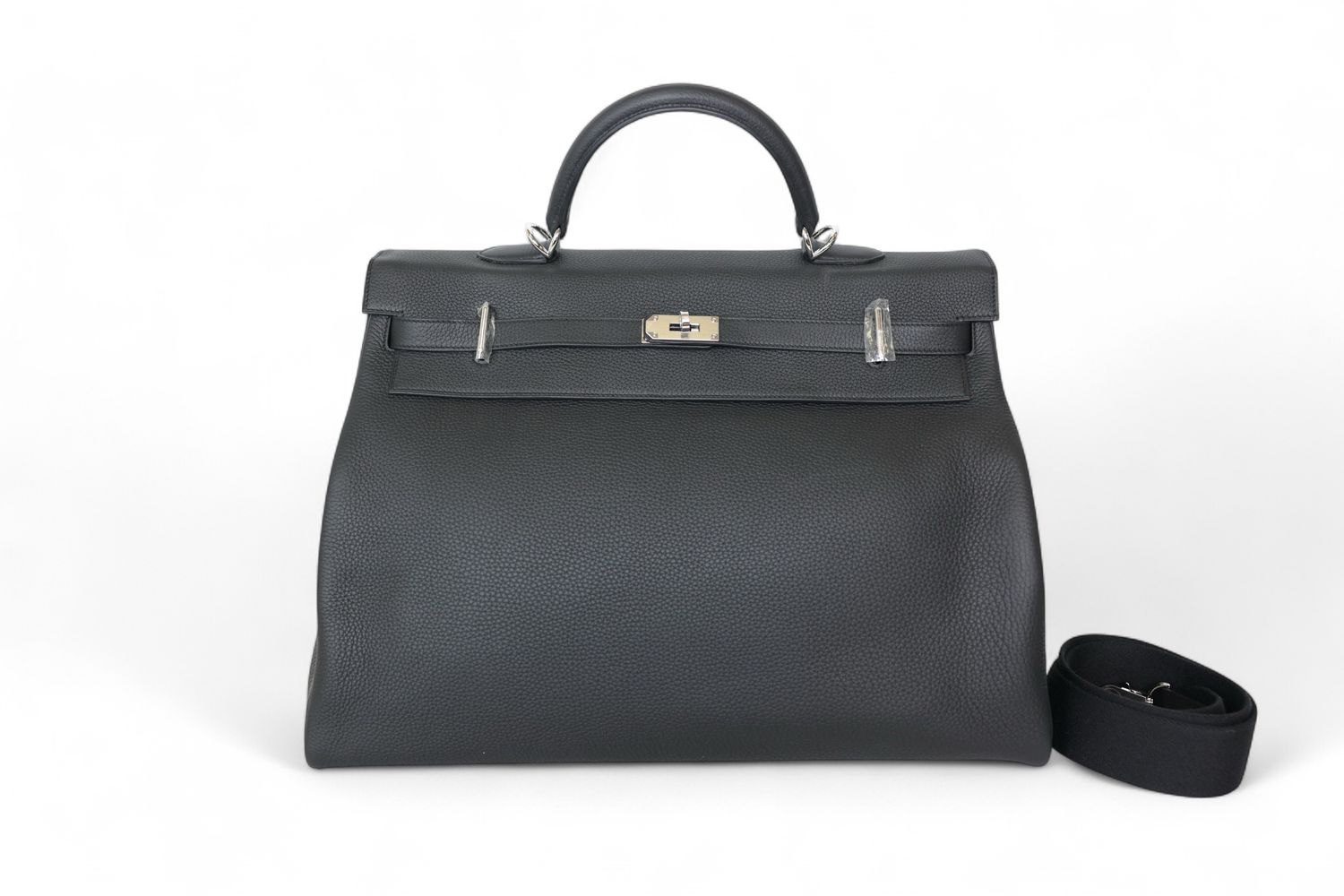 Hermes Kelly Relax 50, Noir Clemence Bull CalfSkin and Palladium Hardware, K 2025 Stamp, Preowned in Box WA001