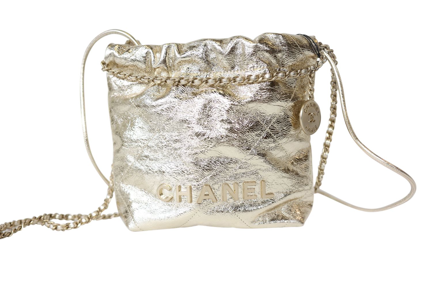Chanel 22 Mini, 25C Gold Metallic Calfskin and Gold Hardware, New in Box WA001