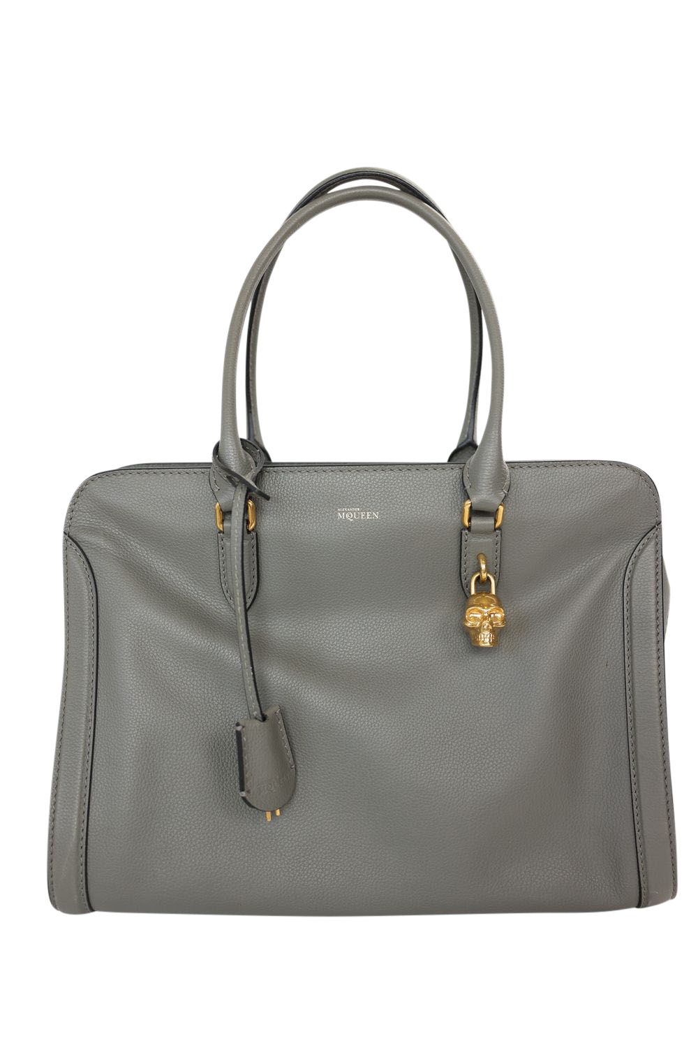 Alexander McQueen Skull Padlock Tote Bag Large, Gray Calfskin with Gold Hardware, Preowned in Dustbag WA001