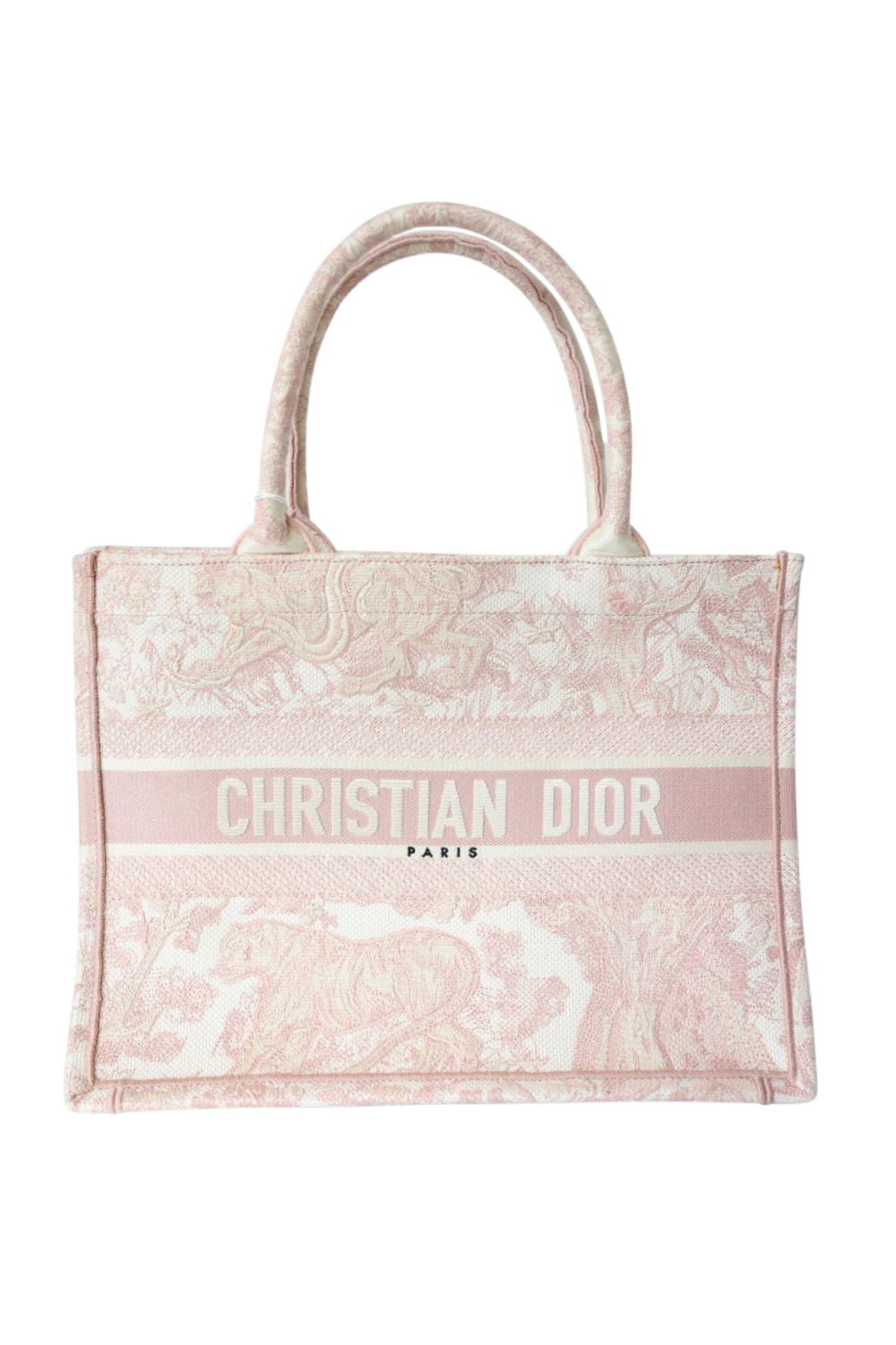 Dior Book Tote Bag Medium, Ecru and Pink Toile de Jouy Embroidery, Preowned in Dustbag WA001