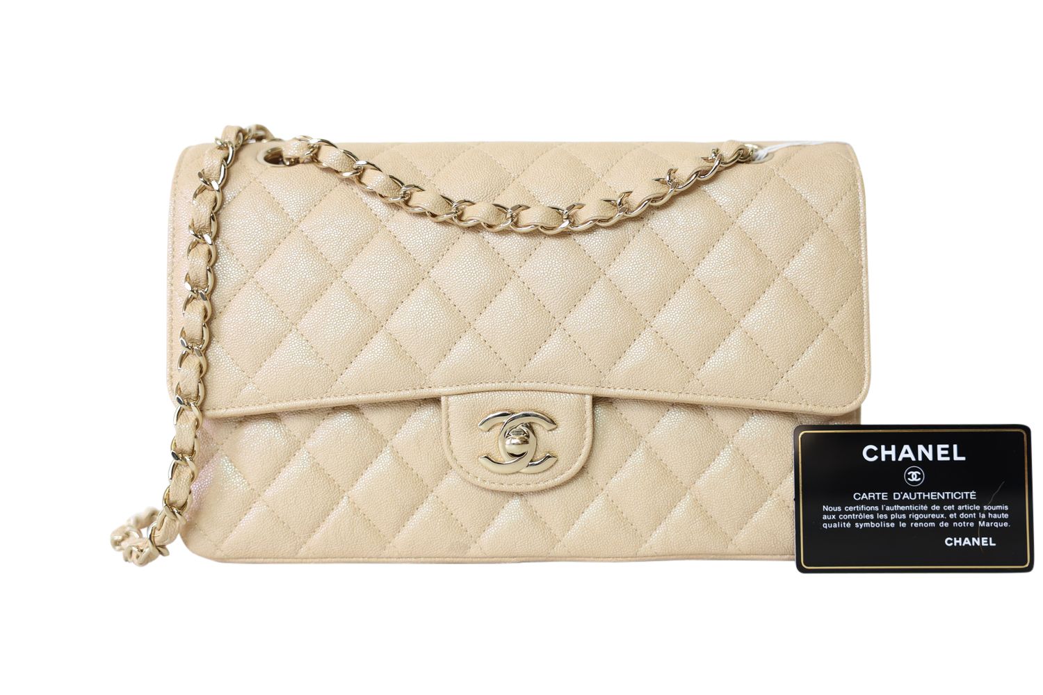 Chanel Classic Medium, Iridescent Beige Caviar with Gold Hardware, Preowned in Box WA001