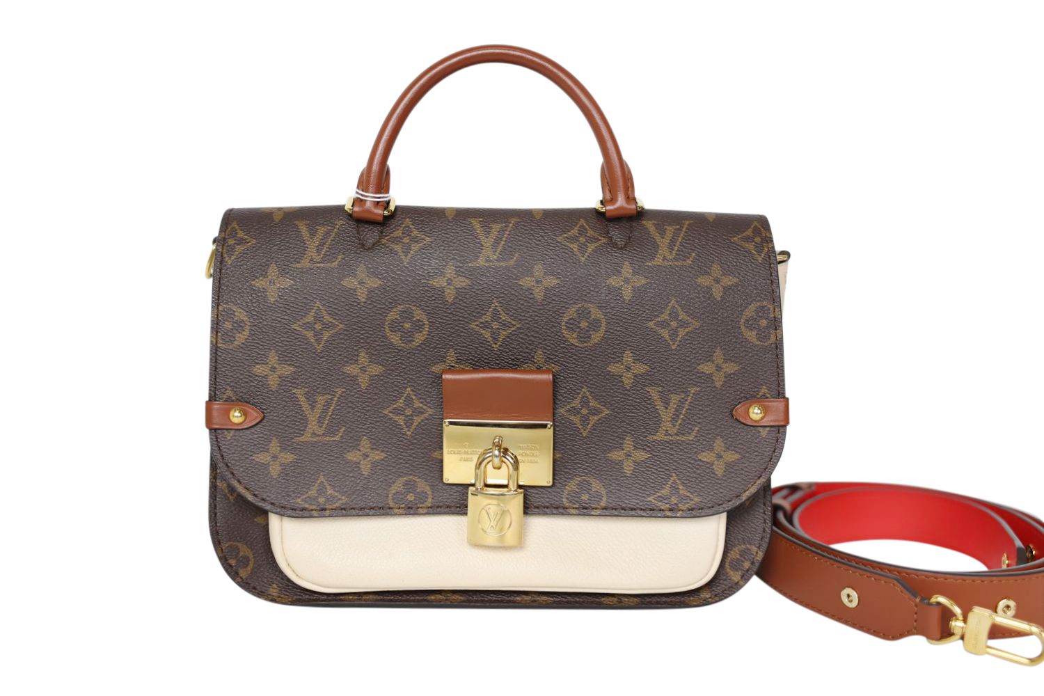 Louis Vuitton Vaugirard, Creme and Tan Leather Monogram Coated Canvas with Gold Hardware, Preowned No Dustbag WA001