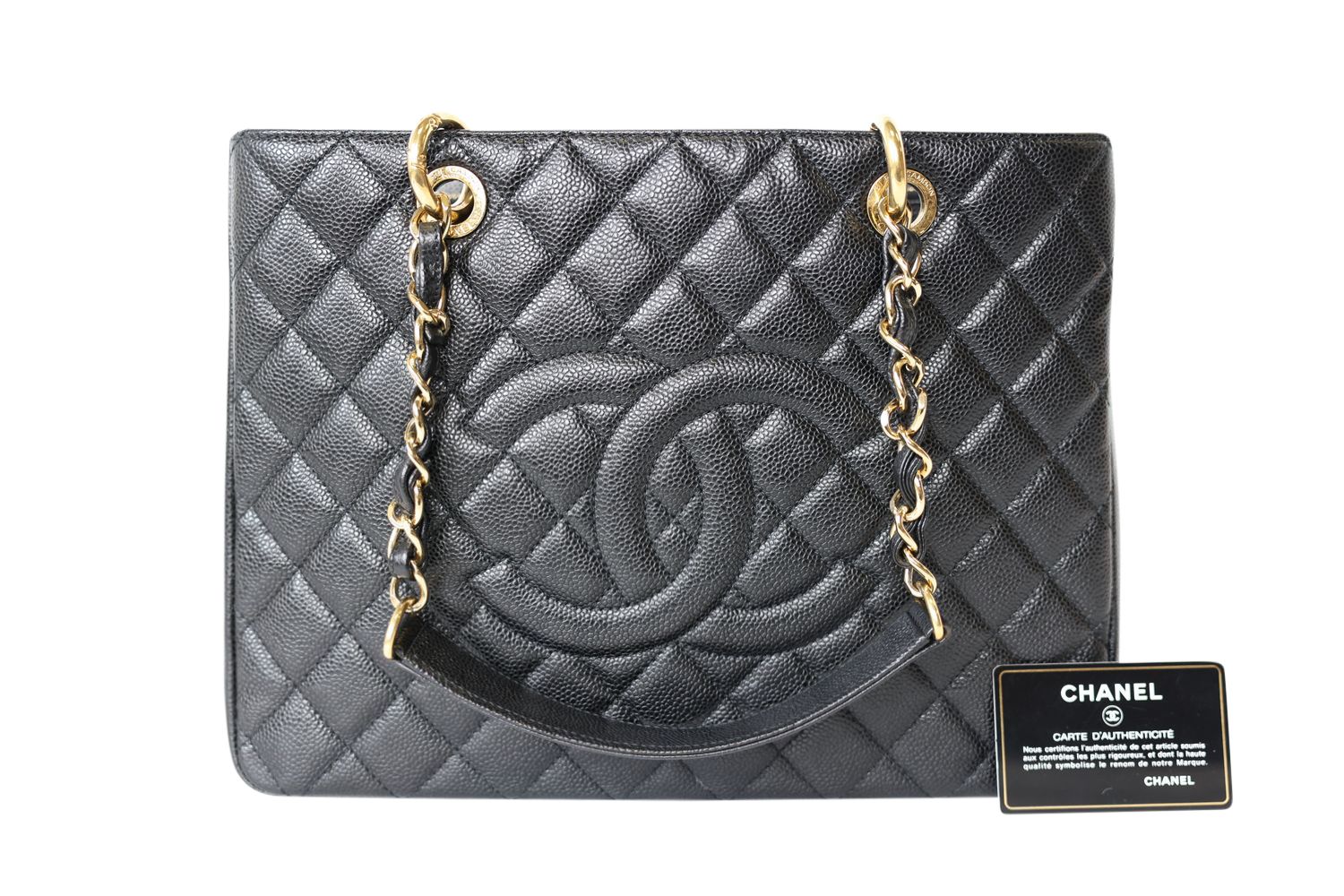Chanel GST Grand Shopping Tote Bag, Black Caviar with Gold Hardware, Preowned in Dustbag WA001
