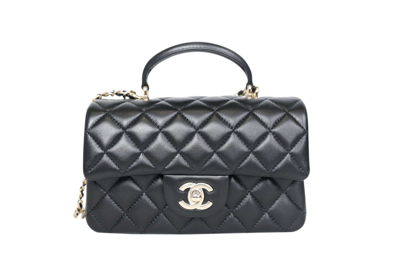 Chanel Flap Bag with Top Handle Mini, 24A Black Lambskin with Gold Hardware, As New in Box WA001