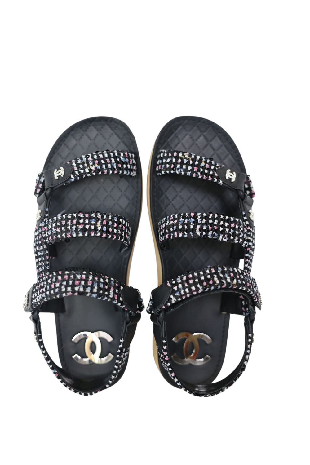 Chanel Shoes, Dad Sandals Size 37, Black Lambskin, Multicolored Tweed and Crystals on Silver CC Logo, New in Box WA001