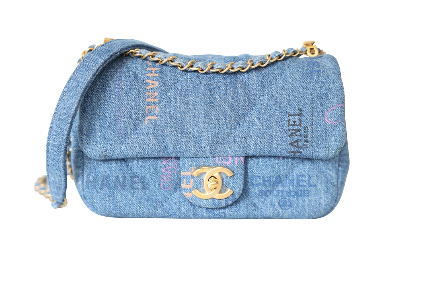 Chanel Mood Flap Small, Blue Printed Denim with Gold Hardware, New in Box WA001