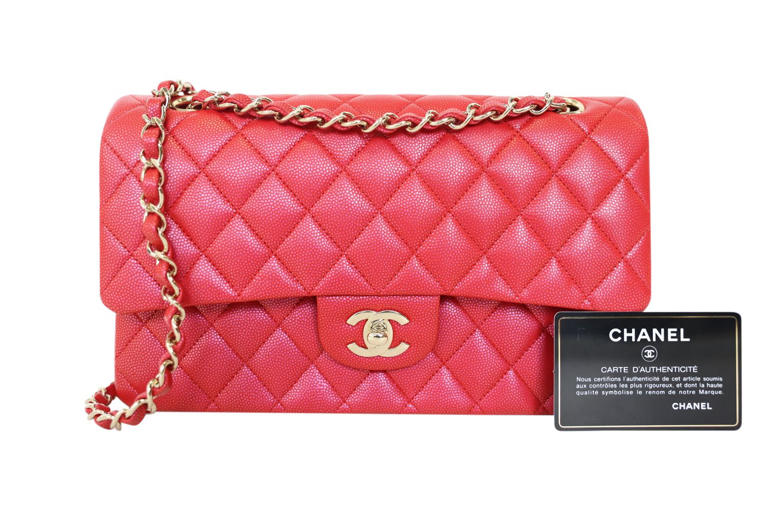 Chanel 21S Medium Red Iridescent Caviar Flap With Gold Hardware, Preowned In Dust Bag WA001