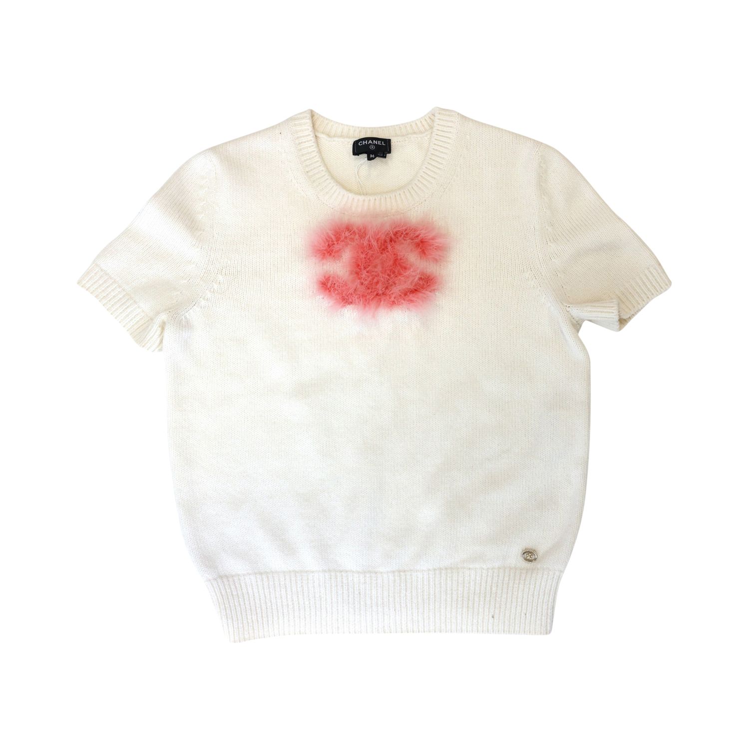 Chanel Knit Top Size 36, White Cashmere and Pink Feathers, Preowned WA001