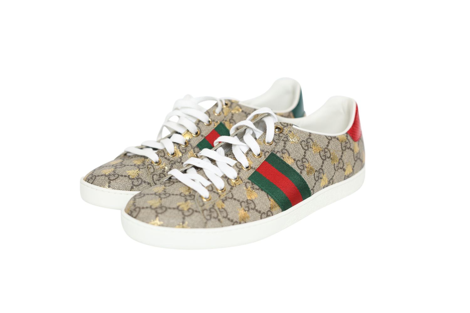 Gucci Ace GG Bee Sneakers, Beige and Ebony Canvas, Size 40.5, New in Dustbag WA001