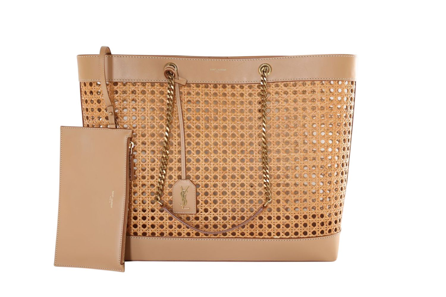 Saint Laurent YSL Shopping Tote, Natural Wicker and Beige Leather with Gold Hardware, New in Dustbag WA001