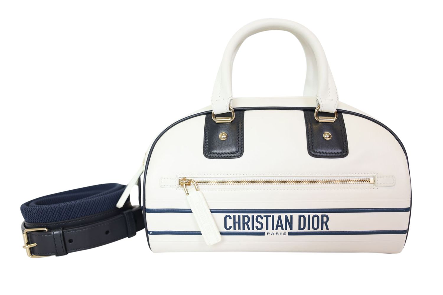 Christian Dior Vibe Bowling Bag Small, Black and White Calfskin Leather with Gold Hardware, Preowned No Dustbag WA001