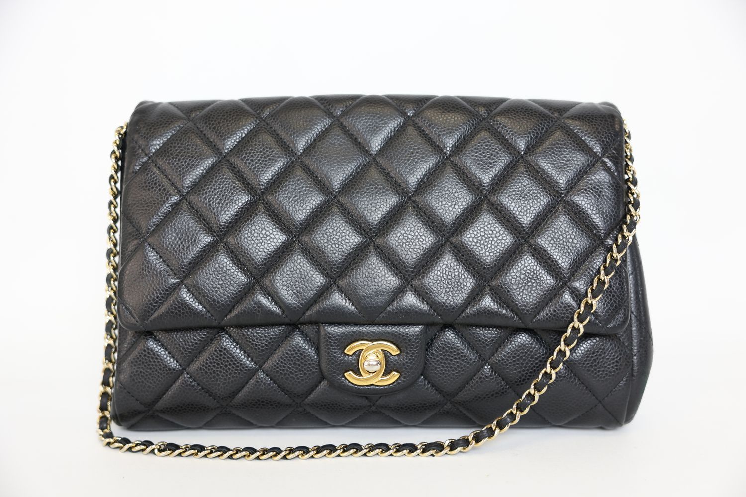Chanel Timeless Clutch with Chain, Black Quilted Caviar Leather and Gold Hardware, Preowned in Box WA001