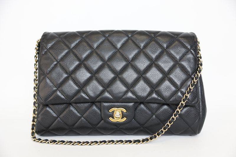 Chanel Timeless Clutch with Chain, Black Quilted Caviar Leather and Gold Hardware, Preowned in Box WA001
