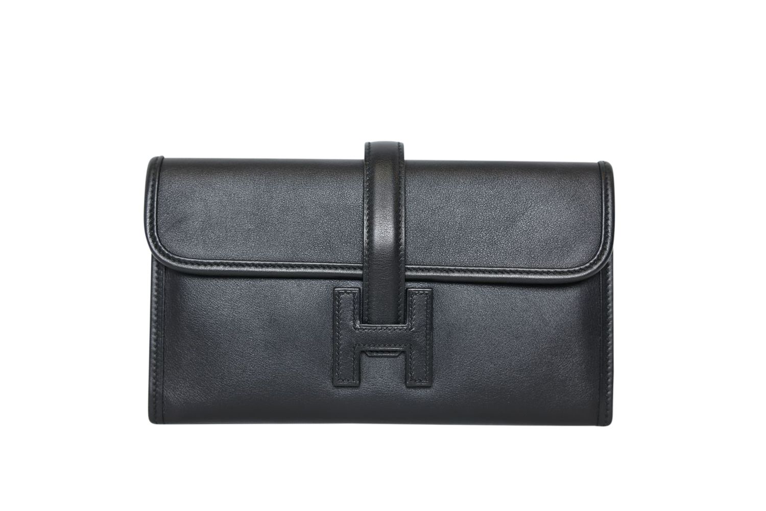 Hermes Jige Duo Clutch, Black Swift Leather and Palladium Hardware, C 2018 Stamp, Preowned in Box WA001