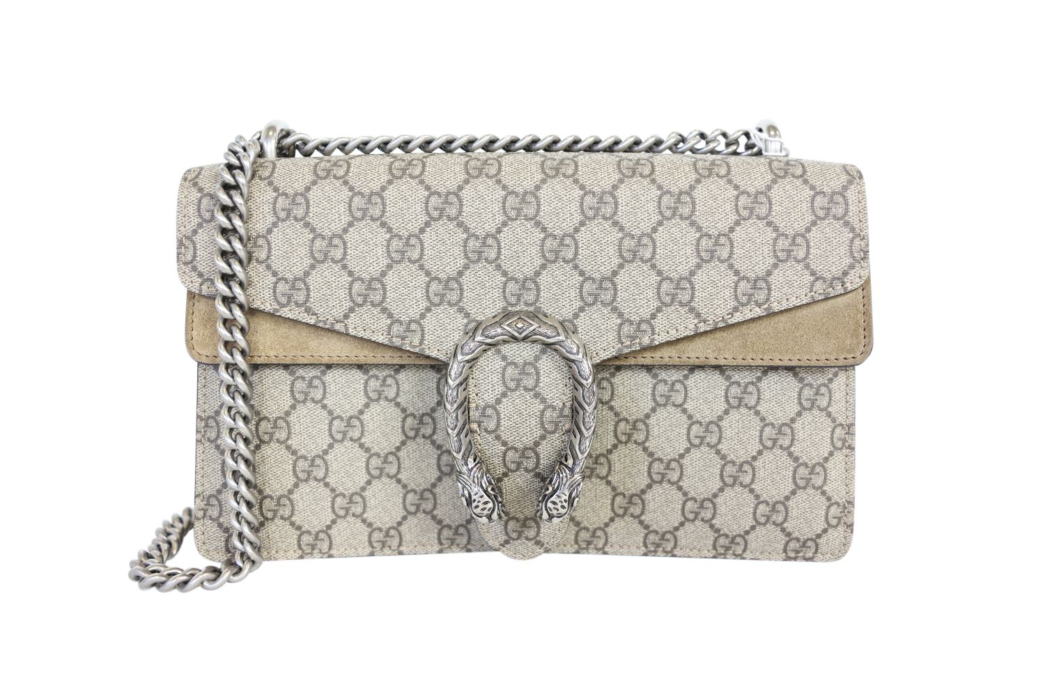 Gucci Dionysus GG Supreme Bag Small, Beige/Ebony GG Supreme Canvas and Taupe Suede Trim with Antique Silver Hardware, Preowned in Dustbag WA001