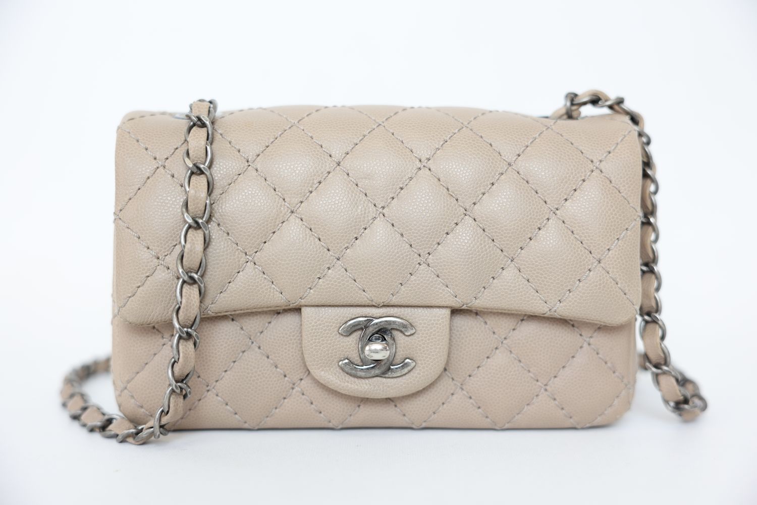 Chanel Classic Mini Rectangular Bag, Matte Beige Caviar Leather and Ruthenium Hardware, Preowned in Box WA001