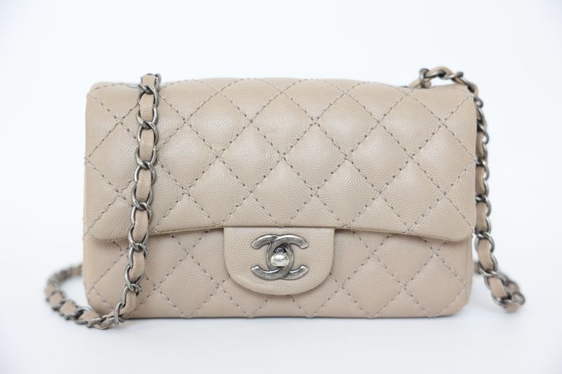 Chanel Classic Mini Rectangular Bag, Matte Beige Caviar Leather and Ruthenium Hardware, Preowned in Box WA001