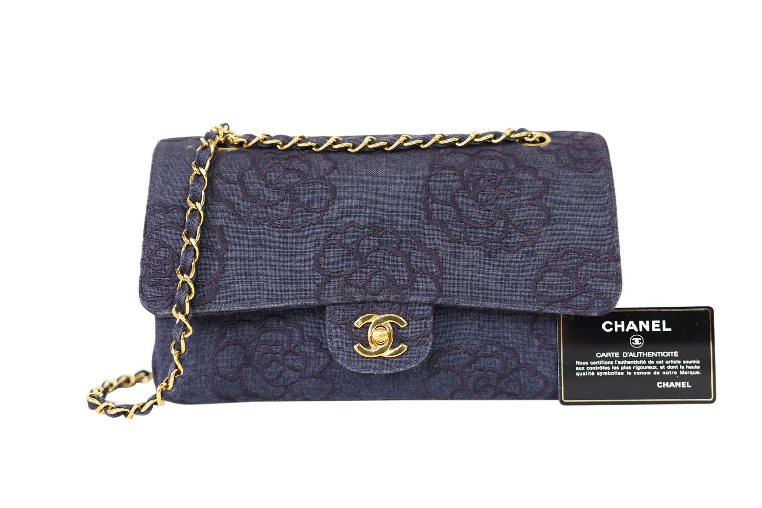 Chanel Vintage Camellia Embroidered Flap Bag Medium, Dark Blue Denim with Gold Hardware, Preowned No Dustbag WA001