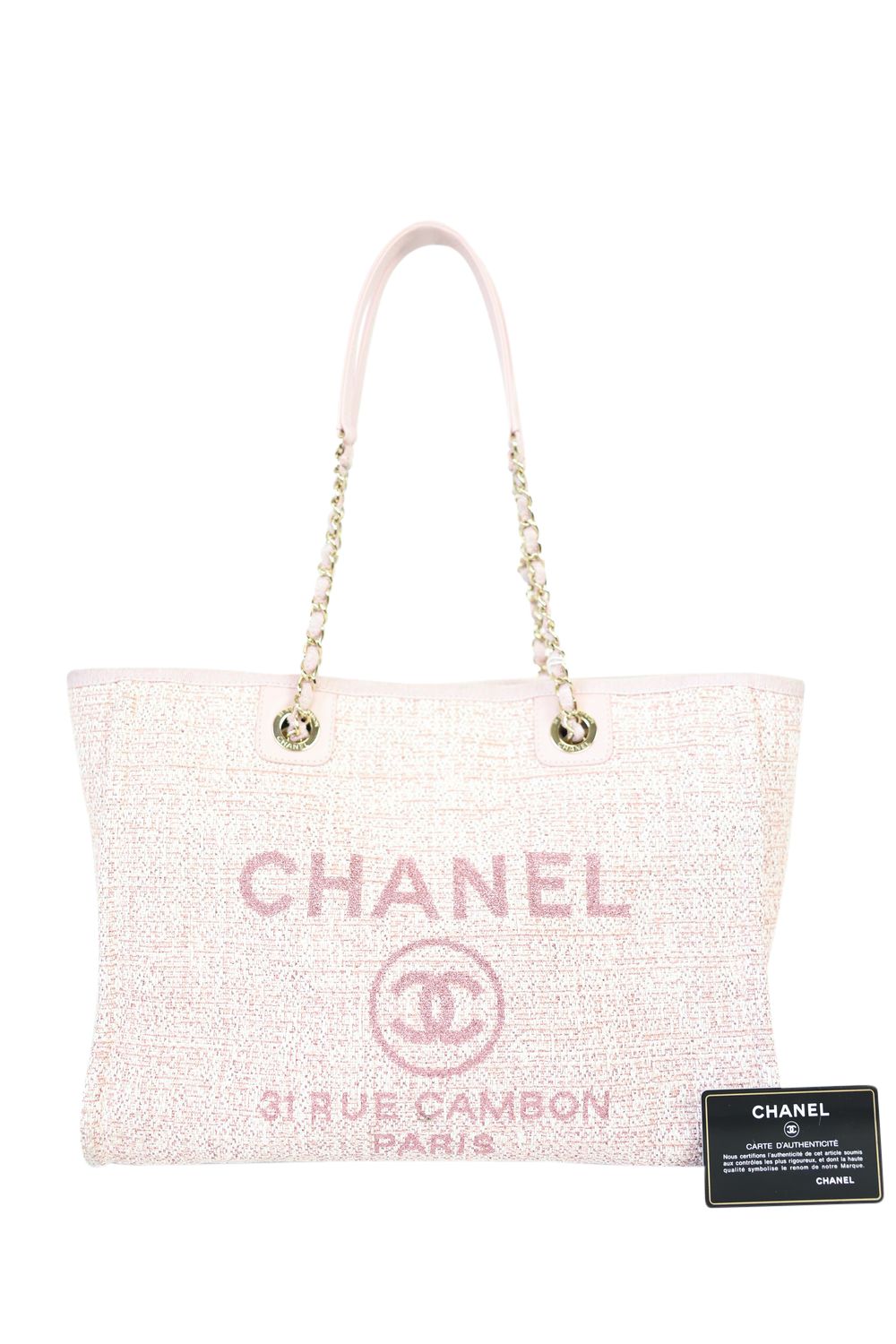 Chanel Deauville Tote Bag Large, Pink Tweed with Gold Hardware, Preowned in Dustbag WA001