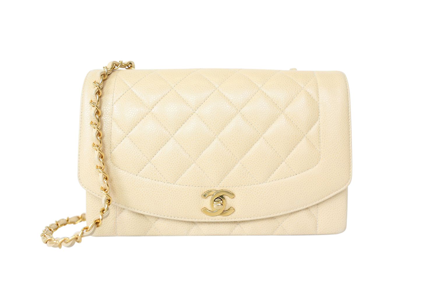 Chanel Vintage Diana Flap Bag Medium, Light Beige Caviar Leather With Gold Hardware, Preowned In Box WA001