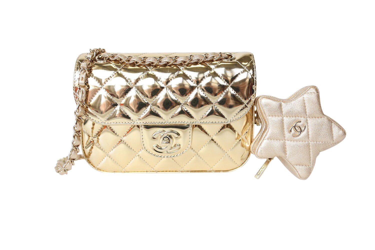 Chanel 24C Rectangle Flap Mirror Patent With Star Coin Purse And Gold Hardware, New In Box WA001
