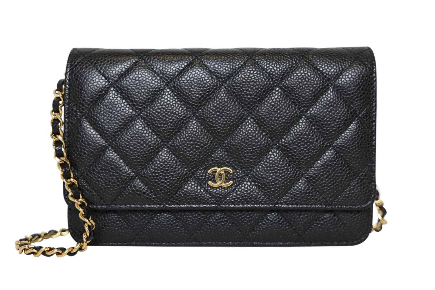 Chanel Wallet on Chain, Black Quilted Caviar Leather and Gold Hardware, Preowned in Box WA001