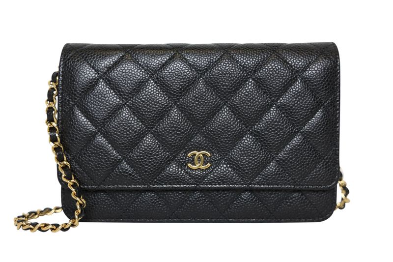 Chanel Wallet on Chain, Black Quilted Caviar Leather and Gold Hardware, Preowned in Box WA001
